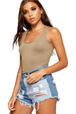 Solid Round Neck Fitted Tank Bodysuits - Basics For Women  - Dropwear