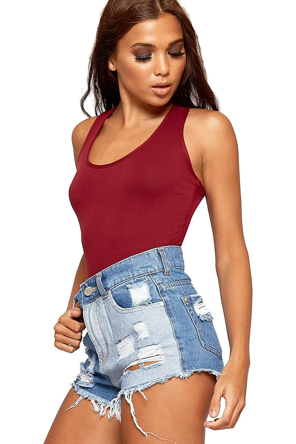 Solid Round Neck Fitted Tank Bodysuits - Basics For Women  - Dropwear