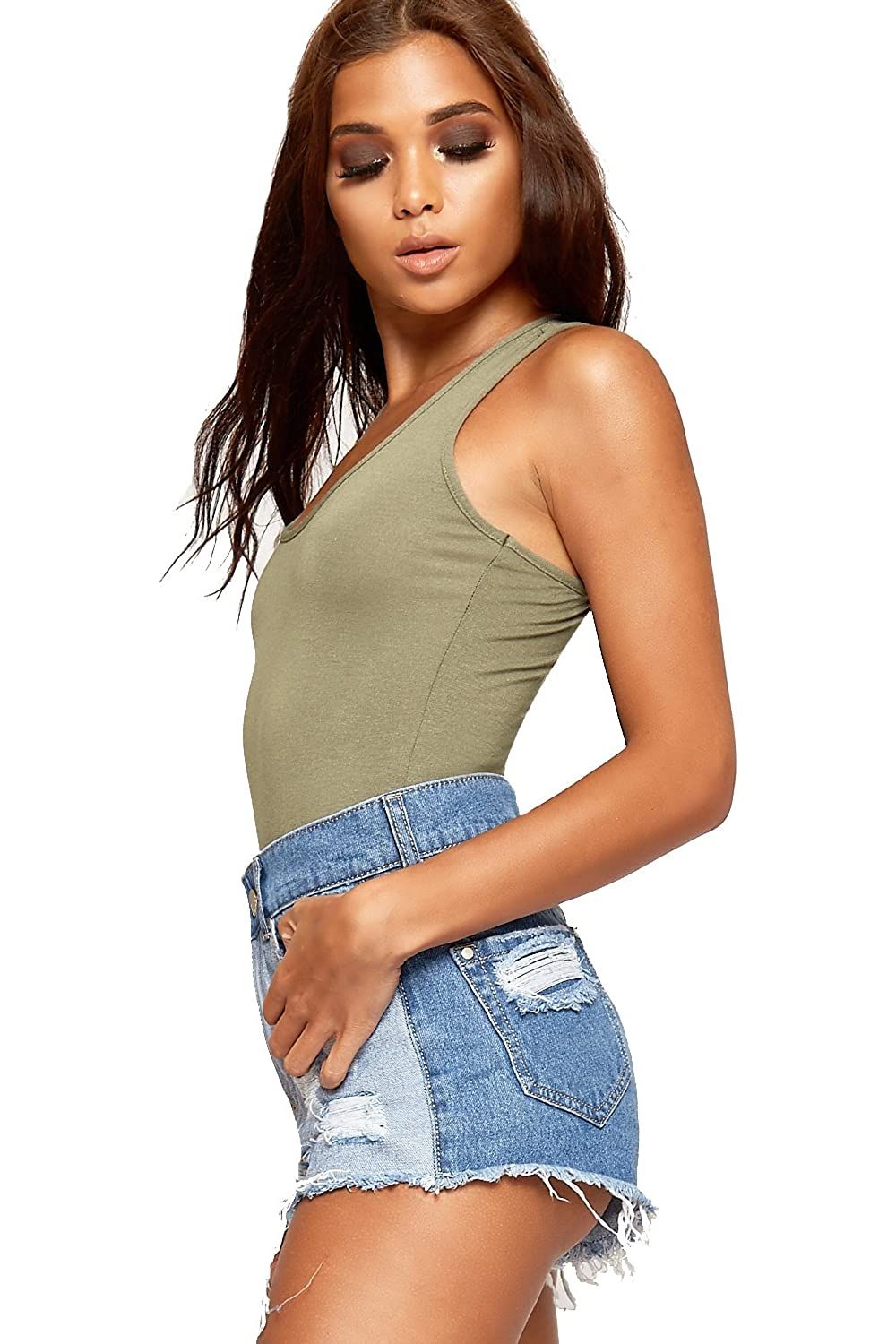 Solid Round Neck Fitted Tank Bodysuits - Basics For Women  - Dropwear