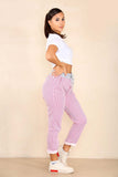 Green Plus Size Italian Thin Stripes Print Drawstring Cotton Joggers For Women 18 - Dropwear