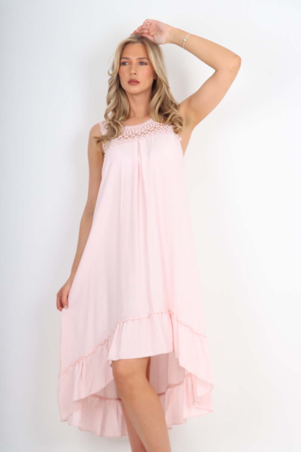 Mint Green Italian Lace Neckline Dipped Hem Dress For Women ONE SIZE (FITS UK 10-18) - Dropwear