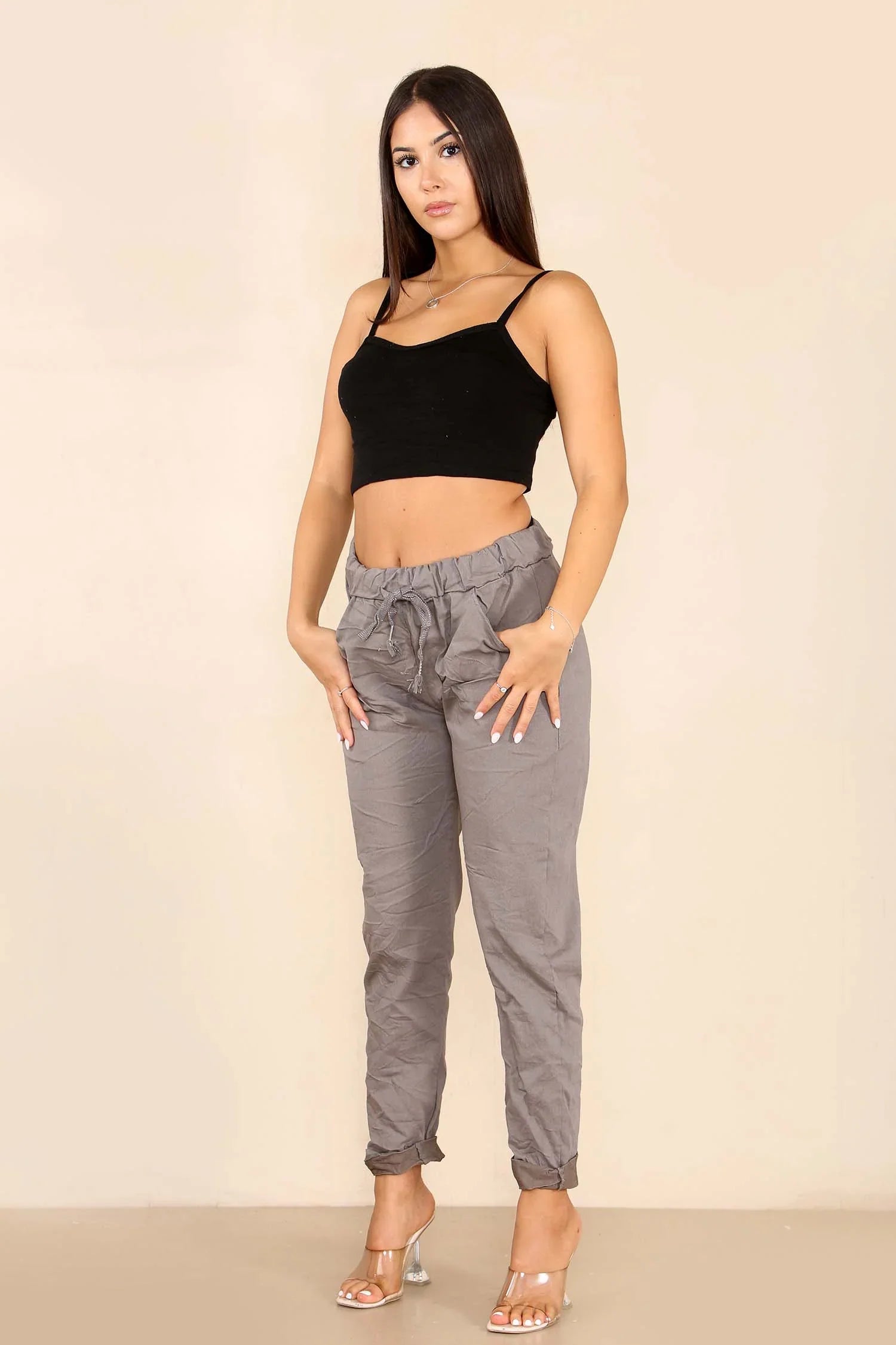 Baby Pink Italian Glitter Drawstring Waistband Magic Pants For Women 10 - Dropwear
