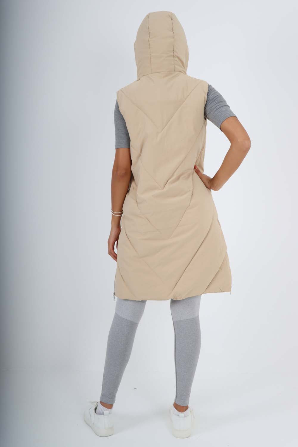 Italian Padded Pockets Hooded Zip up Long Gilet For Women  - Dropwear