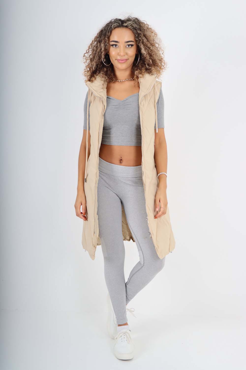 Beige Italian Padded Pockets Hooded Zip up Long Gilet For Women ONE SIZE(FITS UK 10-18) - Dropwear