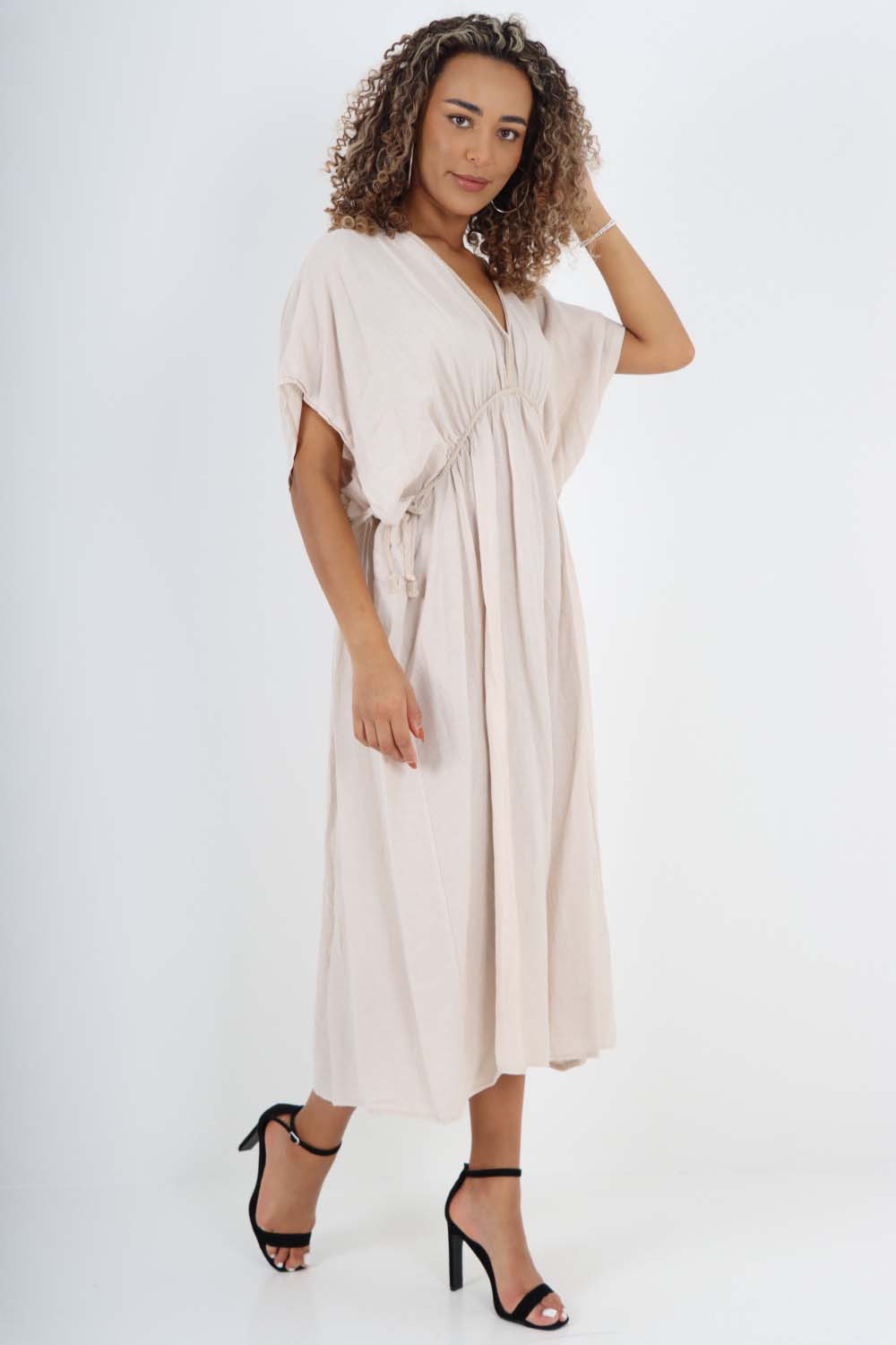 Beige Italian Drawestring Front Flared Linen Dress For Women ONE SIZE (FITS UK 12-22) - Dropwear