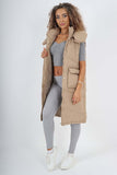 Brown Italian Padded Pockets Hooded Long Gilet For Women ONE SIZE(FITS UK 10-18) - Dropwear