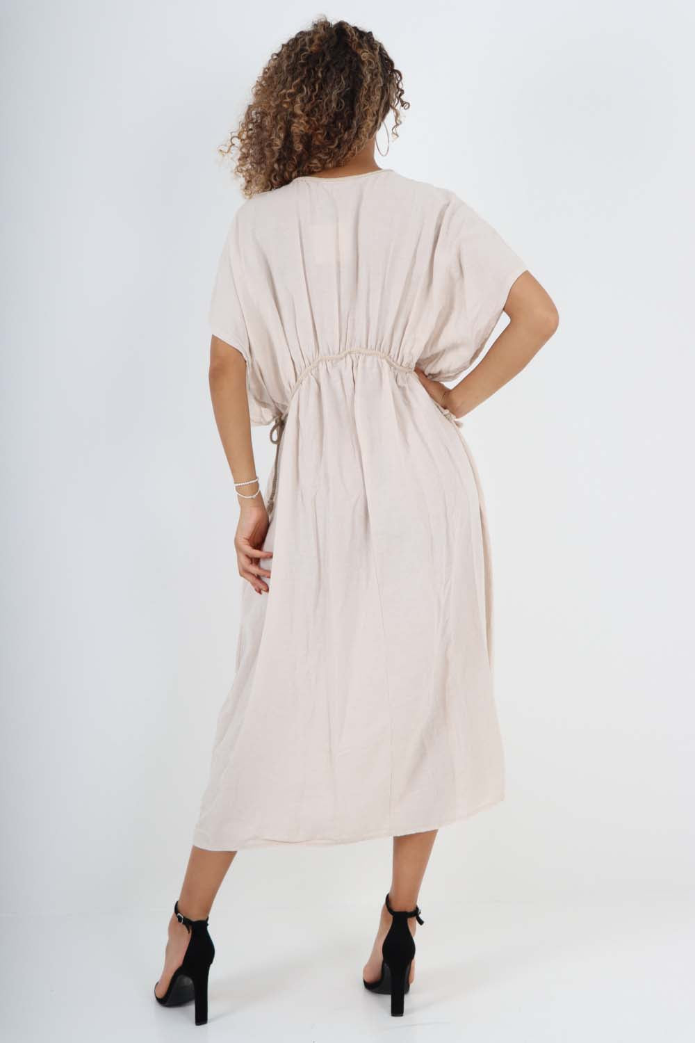Blue Italian Drawestring Front Flared Linen Dress For Women ONE SIZE (FITS UK 12-22) - Dropwear