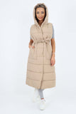 Stone Italian Belted Hooded Long Gilet For Women ONE SIZE(FITS UK 10-18) - Dropwear