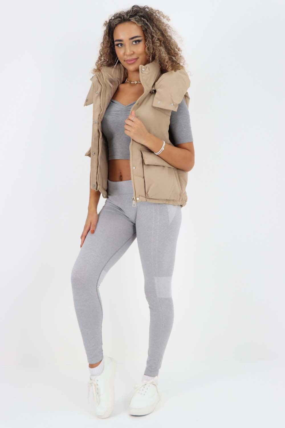 Brown Italian Padded Pockets Hooded Gilet For Women ONE SIZE(FITS UK 8-16) - Dropwear