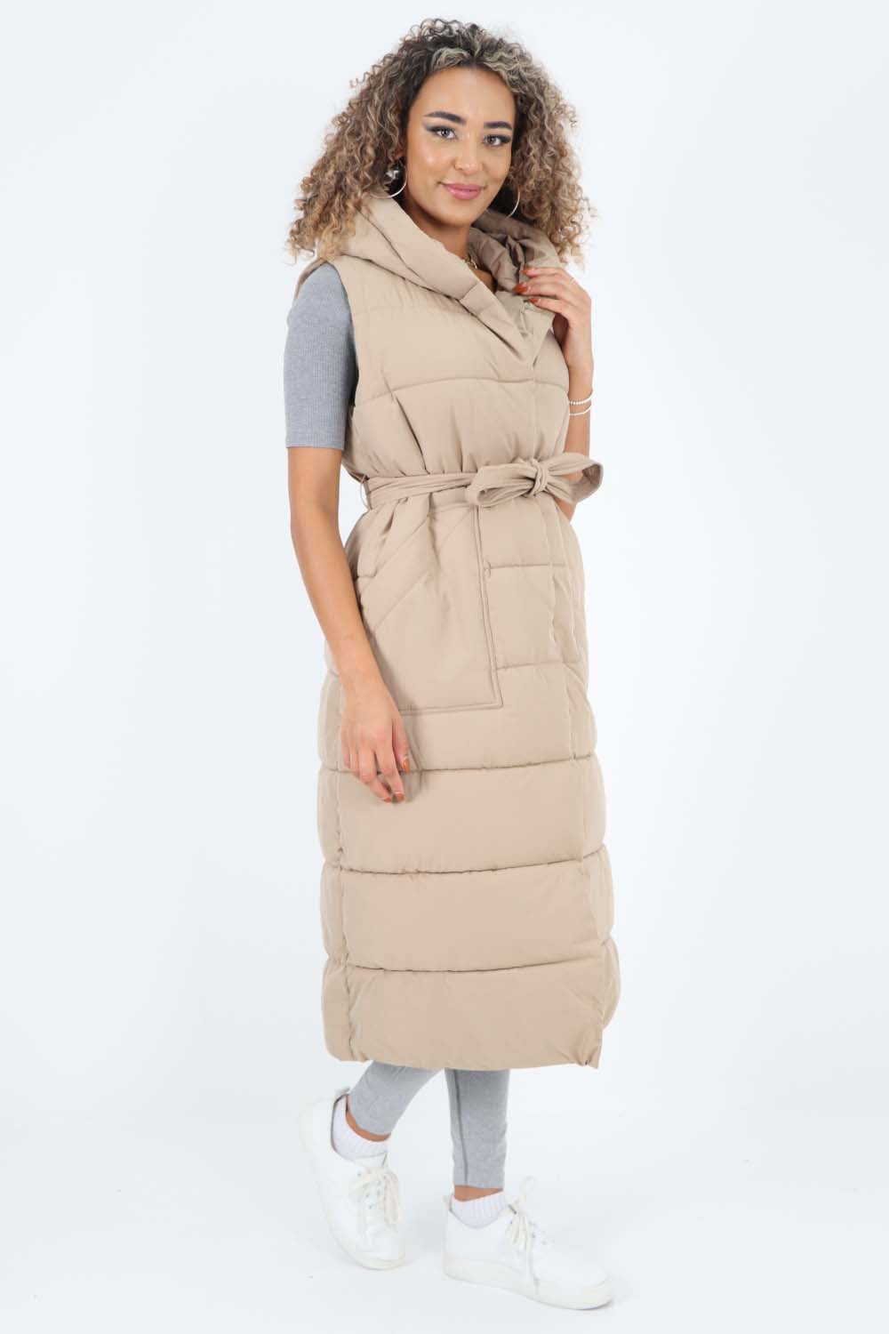 Black Italian Belted Hooded Long Gilet For Women ONE SIZE(FITS UK 10-18) - Dropwear