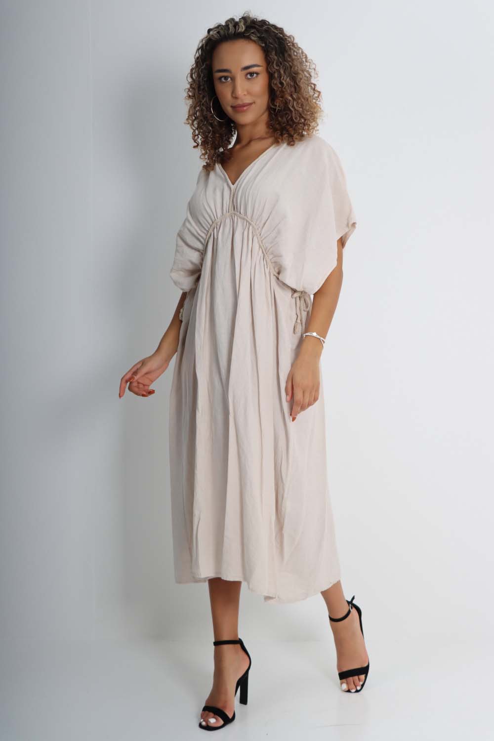 Fuchsia Italian Drawestring Front Flared Linen Dress For Women ONE SIZE (FITS UK 12-22) - Dropwear