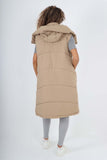 Cream Italian Padded Pockets Hooded Long Gilet For Women ONE SIZE(FITS UK 10-18) - Dropwear