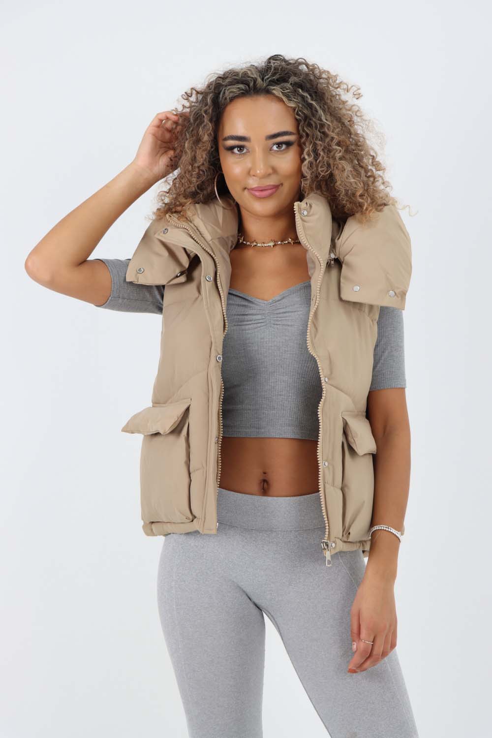 Dark Grey Italian Padded Pockets Hooded Gilet For Women ONE SIZE(FITS UK 8-16) - Dropwear