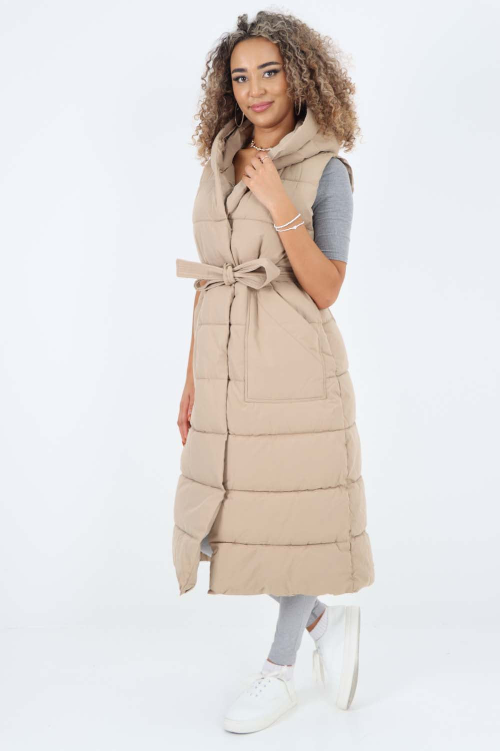 Dark Grey Italian Belted Hooded Long Gilet For Women ONE SIZE(FITS UK 10-18) - Dropwear