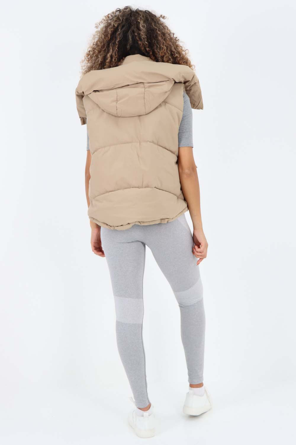 Khaki Italian Padded Pockets Hooded Gilet For Women ONE SIZE(FITS UK 8-16) - Dropwear