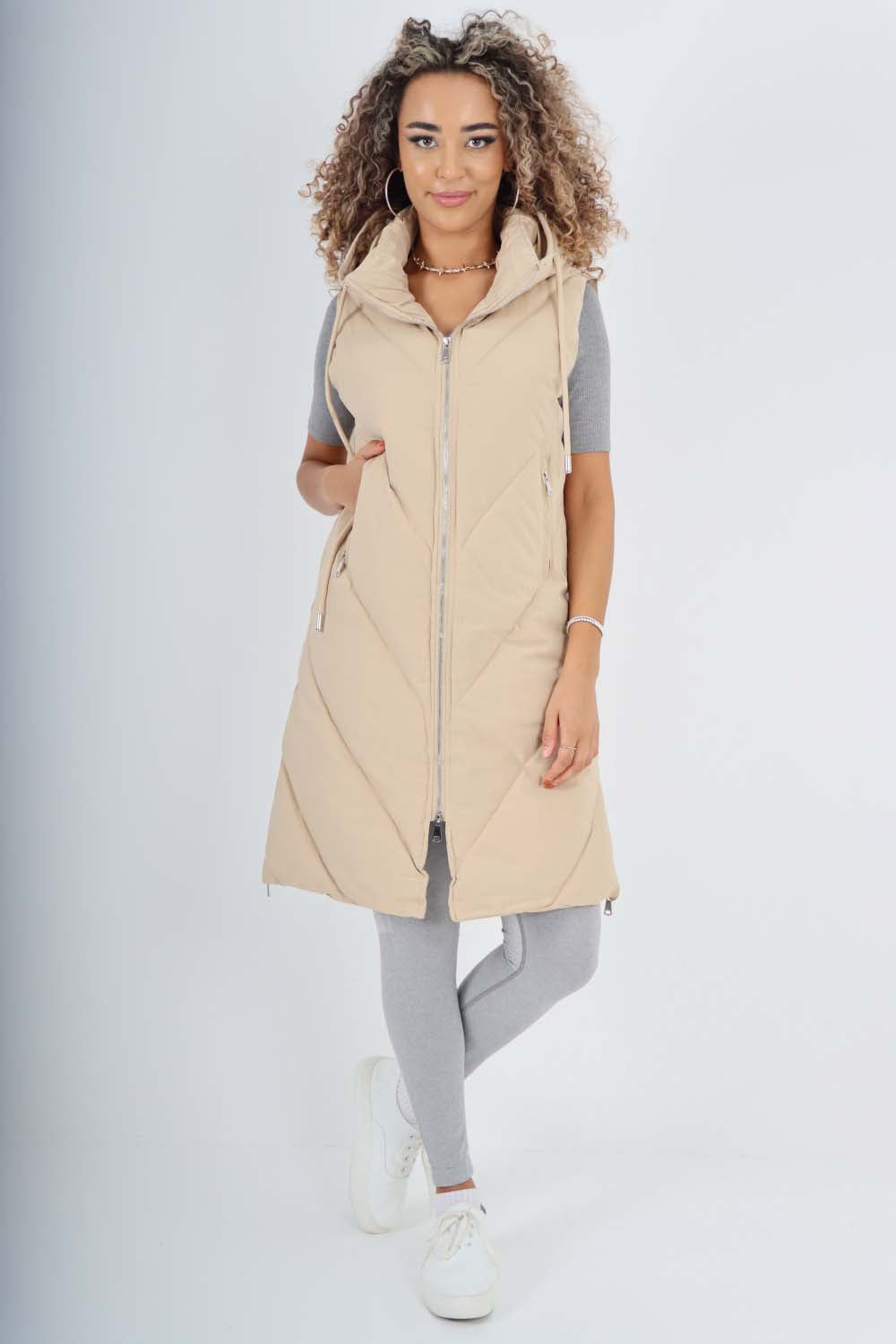 Stone Italian Padded Pockets Hooded Zip up Long Gilet For Women ONE SIZE(FITS UK 10-18) - Dropwear