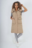 Khaki Italian Padded Pockets Hooded Long Gilet For Women ONE SIZE(FITS UK 10-18) - Dropwear