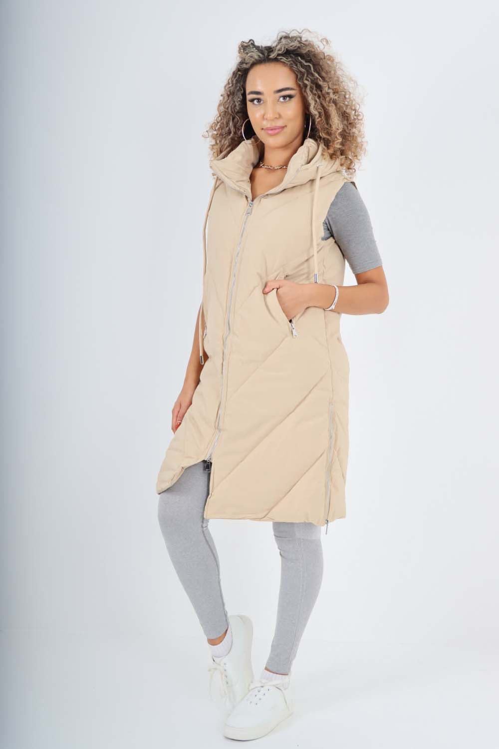 Italian Padded Pockets Hooded Zip up Long Gilet For Women  - Dropwear