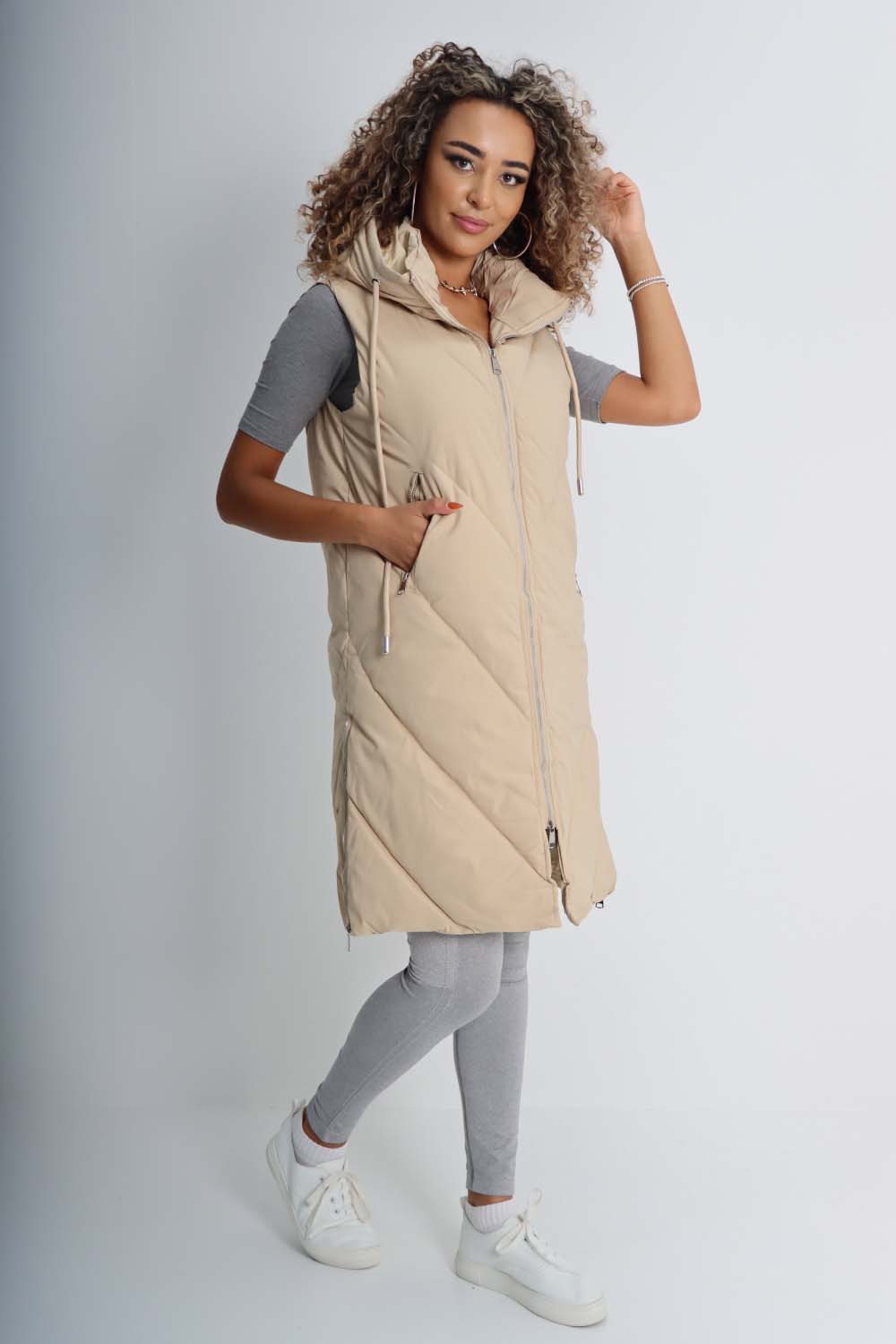 Italian Padded Pockets Hooded Zip up Long Gilet For Women  - Dropwear