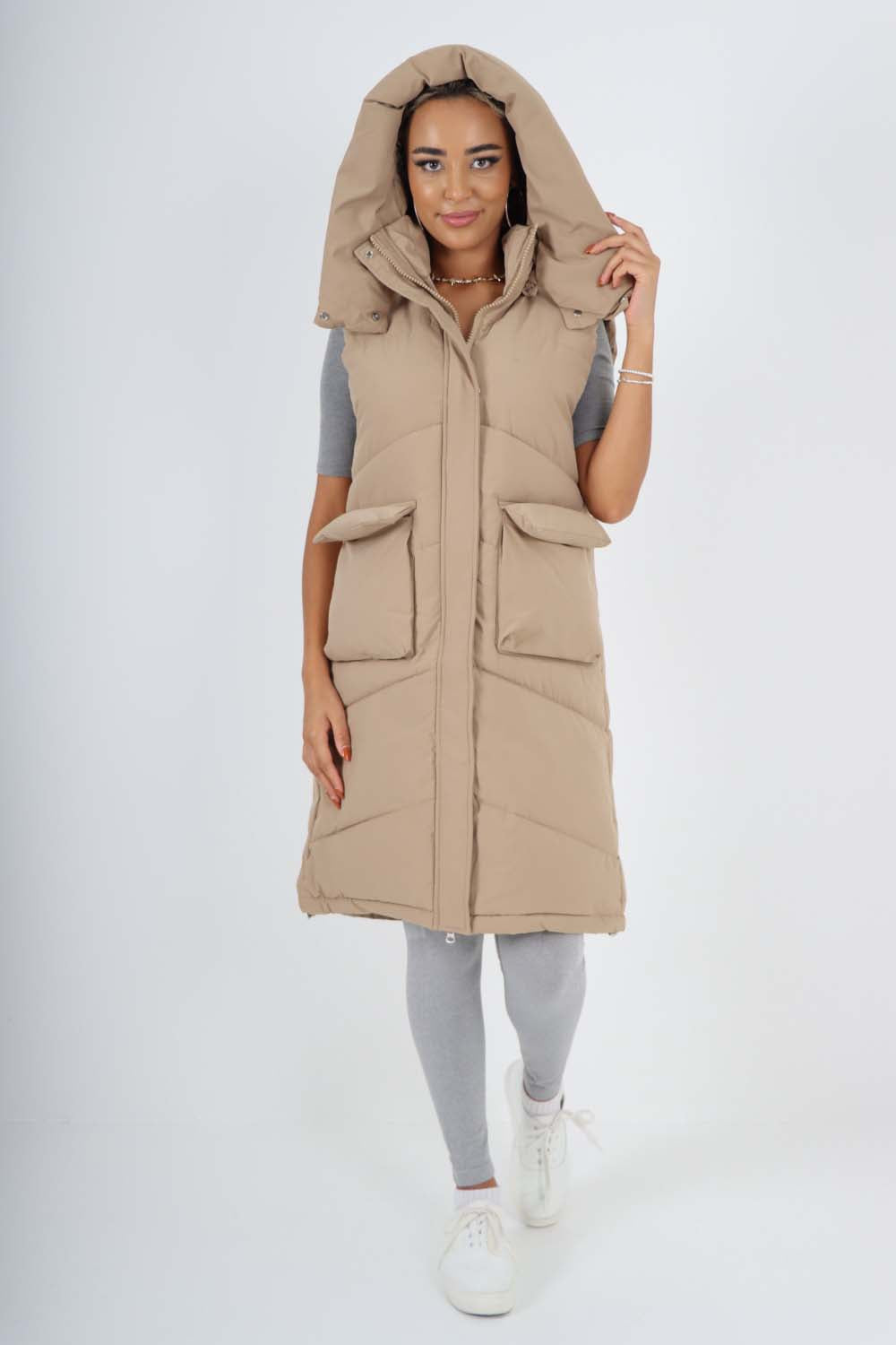 Italian Padded Pockets Hooded Long Gilet For Women  - Dropwear