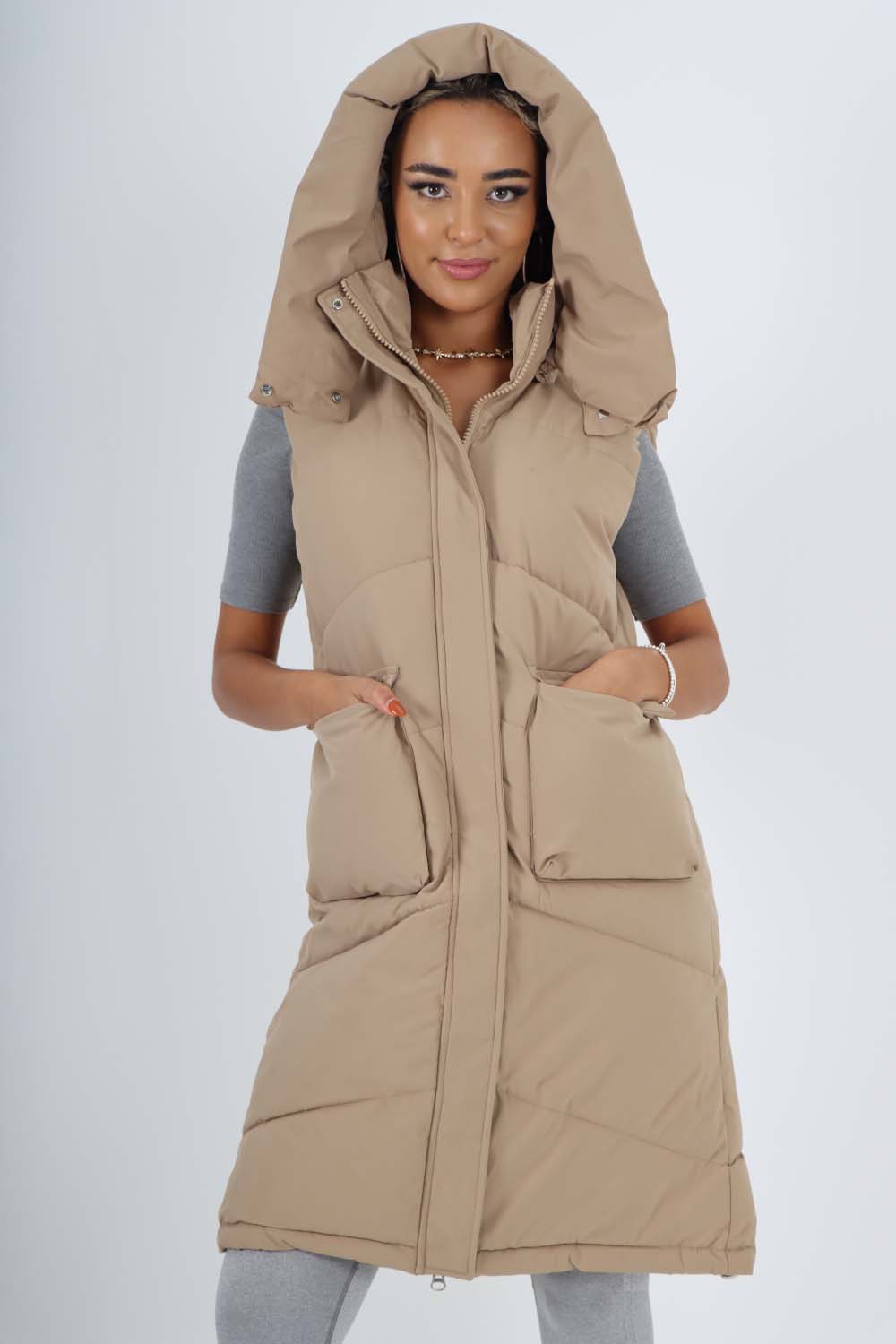 Italian Padded Pockets Hooded Long Gilet For Women  - Dropwear
