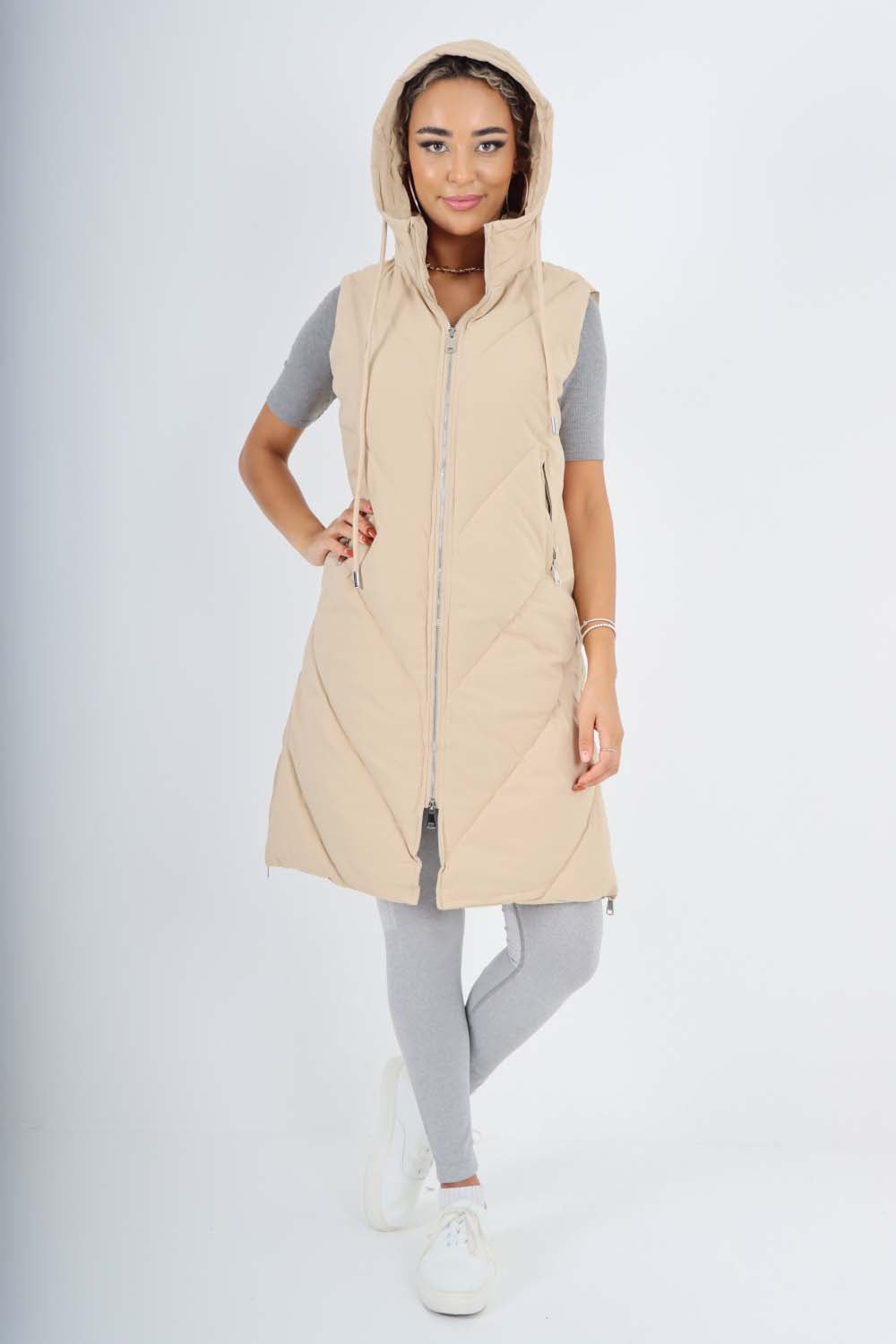Italian Padded Pockets Hooded Zip up Long Gilet For Women  - Dropwear