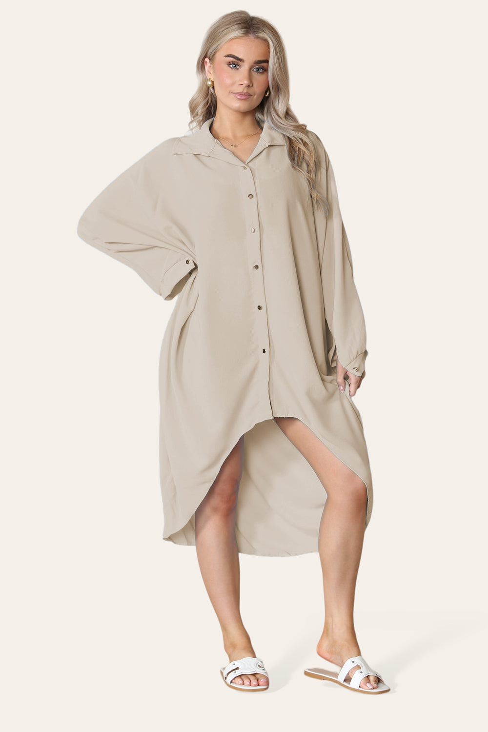 Dusty Pink High-Low Oversized Button Long Top Shirt Dress with Hem andÂ LongÂ Sleeves For Women ONE SIZE UK FIT (14 TO 22) - Dropwear