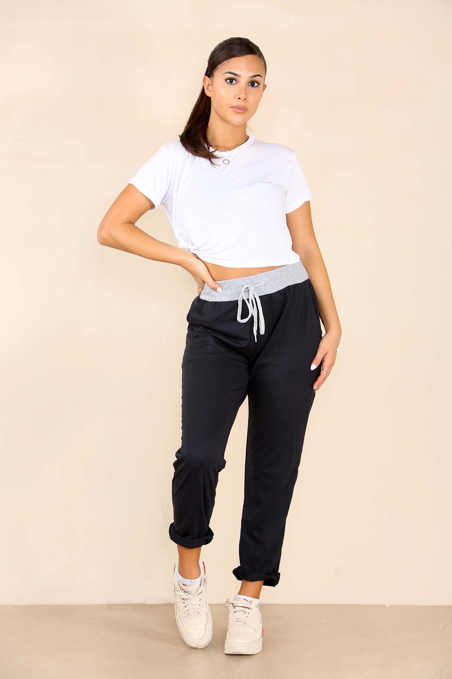 Black Plus Size Italian Plain Drawstring Cotton Joggers For Women 18 - Dropwear