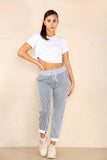 Navy Plus Size Italian Thin Stripes Print Drawstring Cotton Joggers For Women 18 - Dropwear