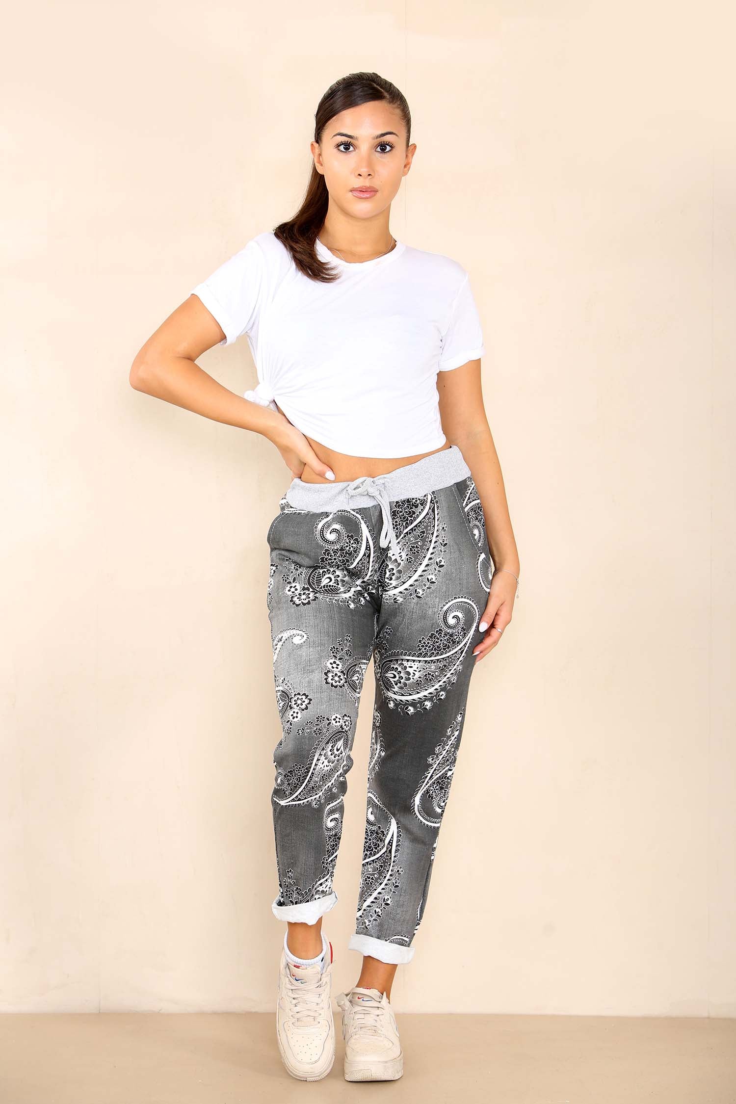 Light Denim Plus Size Italian Paisley Print Drawstring Cotton Joggers For Women 20 - Dropwear