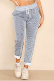 Plus Size Italian Thin Stripes Print Drawstring Cotton Joggers For Women  - Dropwear