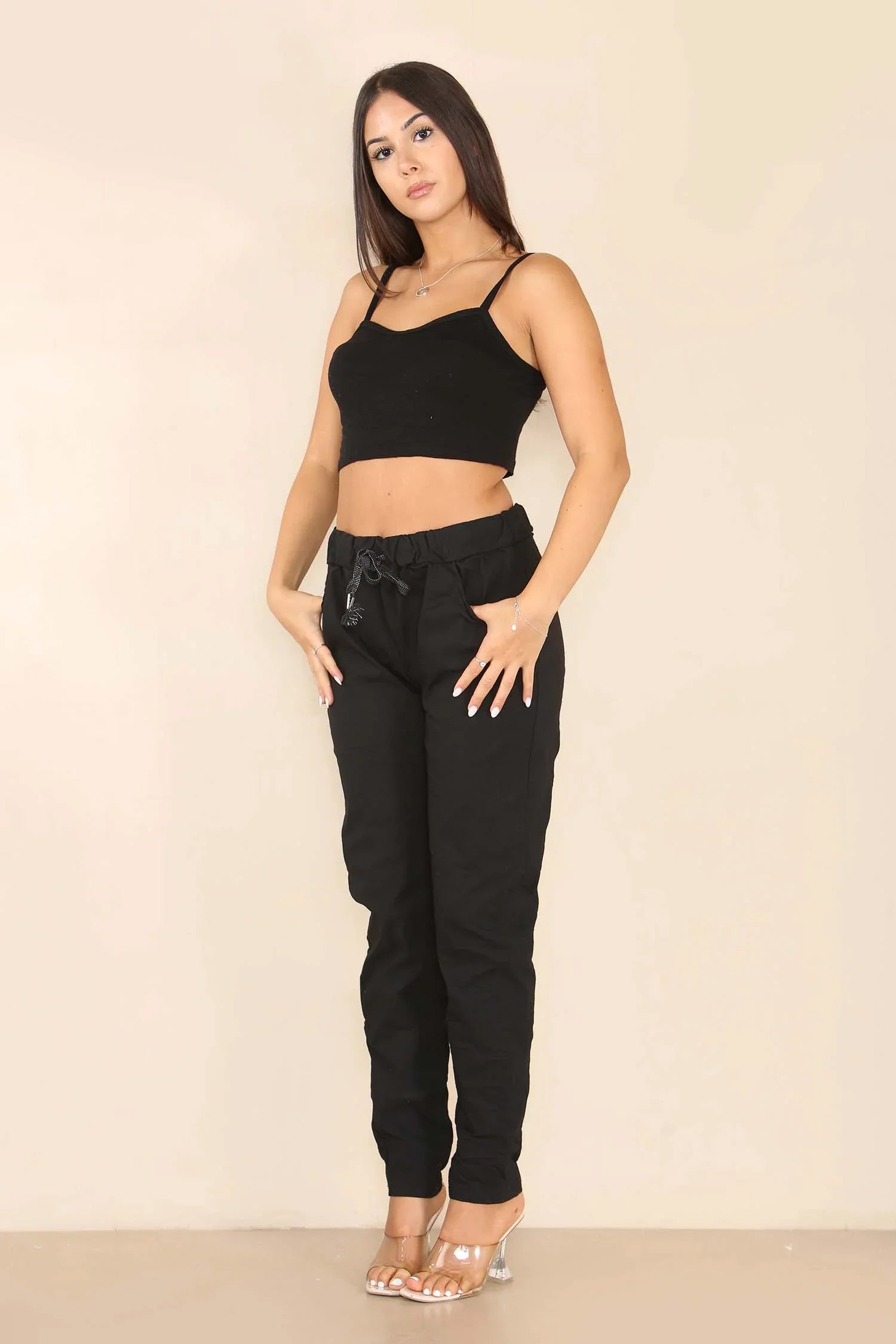 Beige Italian Glitter Drawstring Waistband Magic Pants For Women 10 - Dropwear