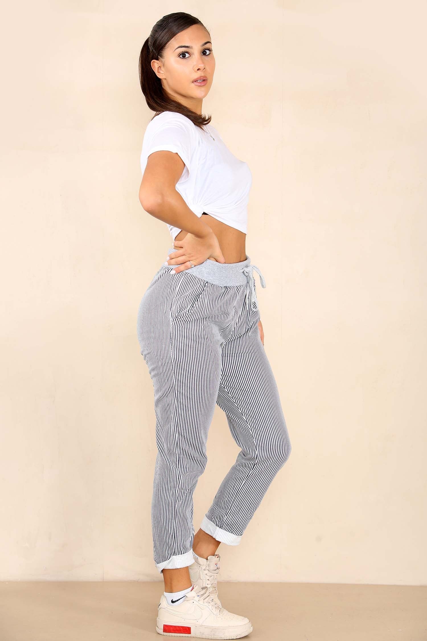 Orange Plus Size Italian Thin Stripes Print Drawstring Cotton Joggers For Women 16 - Dropwear