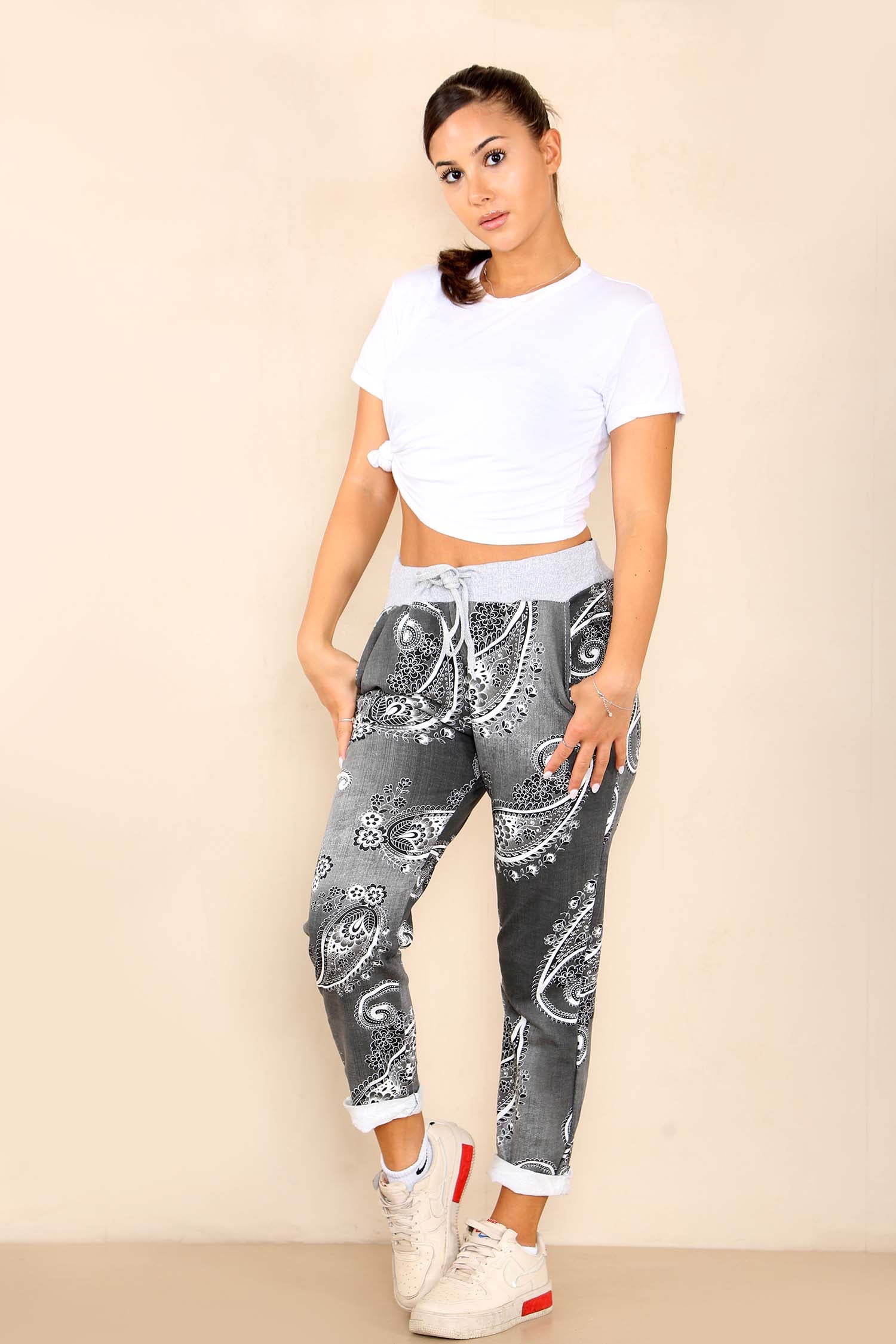 Black Italian Paisley Print Drawstring Cotton Joggers For Women 14 - Dropwear