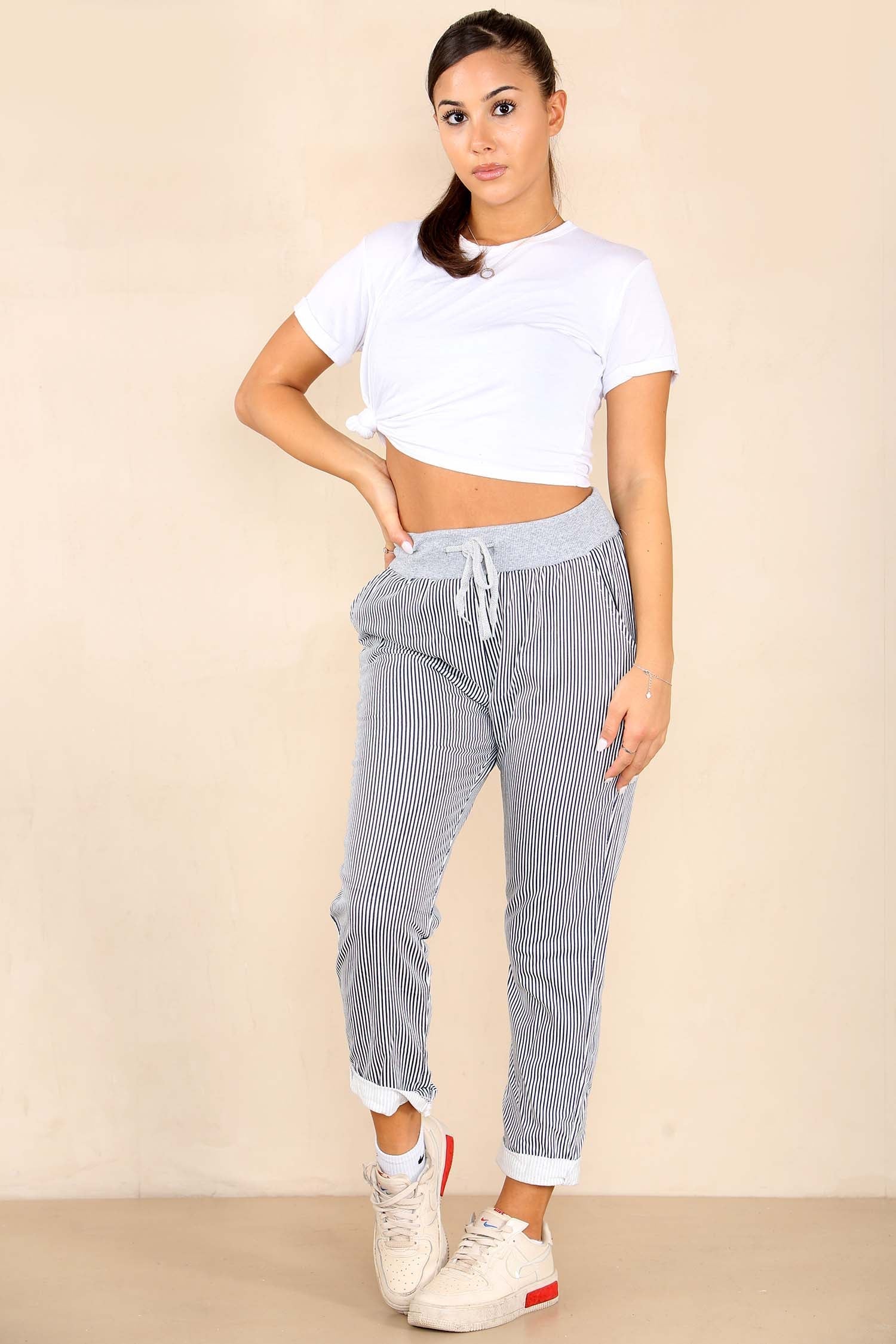 Orange Plus Size Italian Thin Stripes Print Drawstring Cotton Joggers For Women 18 - Dropwear