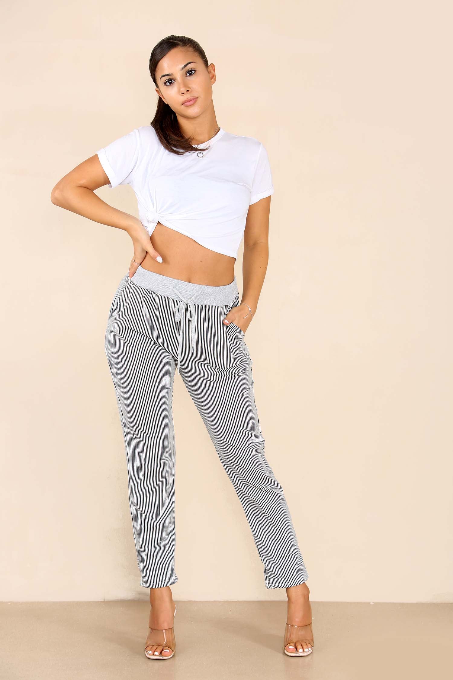 Pink Plus Size Italian Thin Stripes Print Drawstring Cotton Joggers For Women 18 - Dropwear