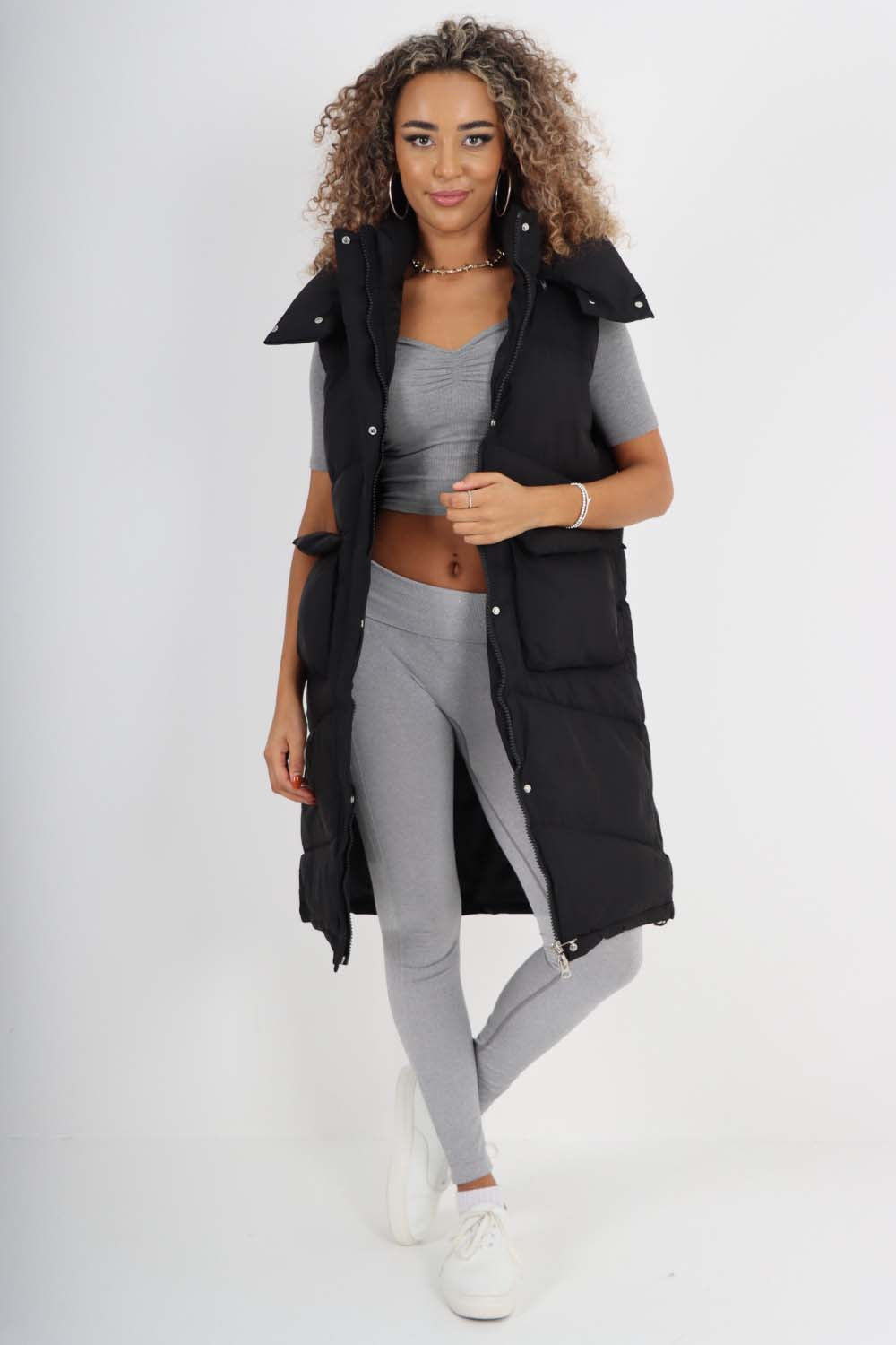 Beige Italian Padded Pockets Hooded Long Gilet For Women ONE SIZE(FITS UK 10-18) - Dropwear