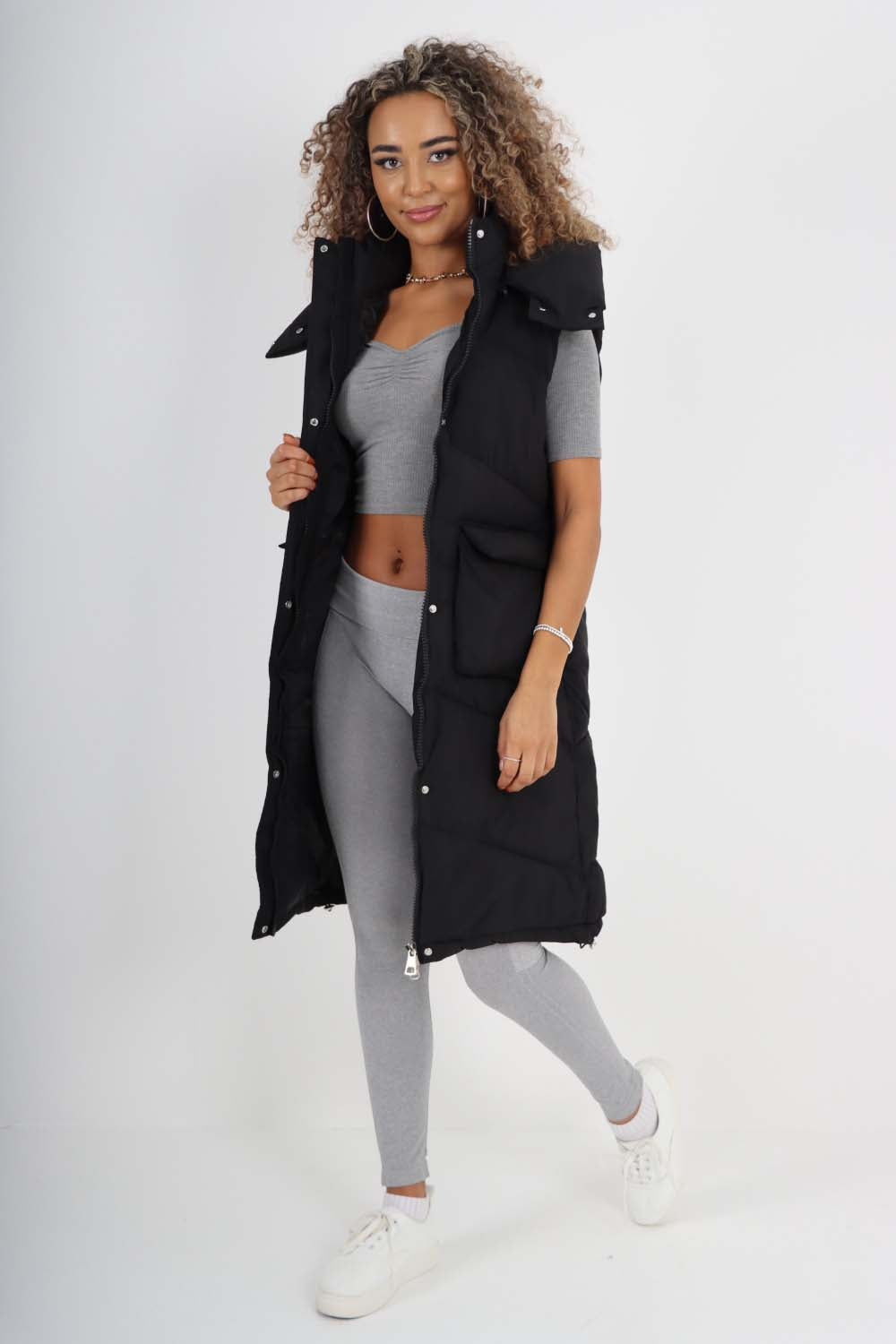 Italian Padded Pockets Hooded Long Gilet For Women  - Dropwear