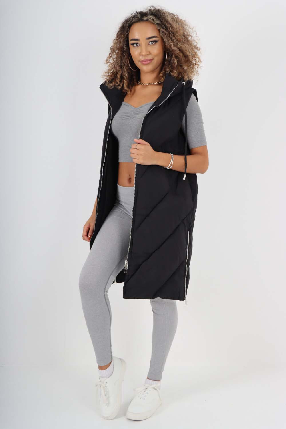 Italian Padded Pockets Hooded Zip up Long Gilet For Women  - Dropwear