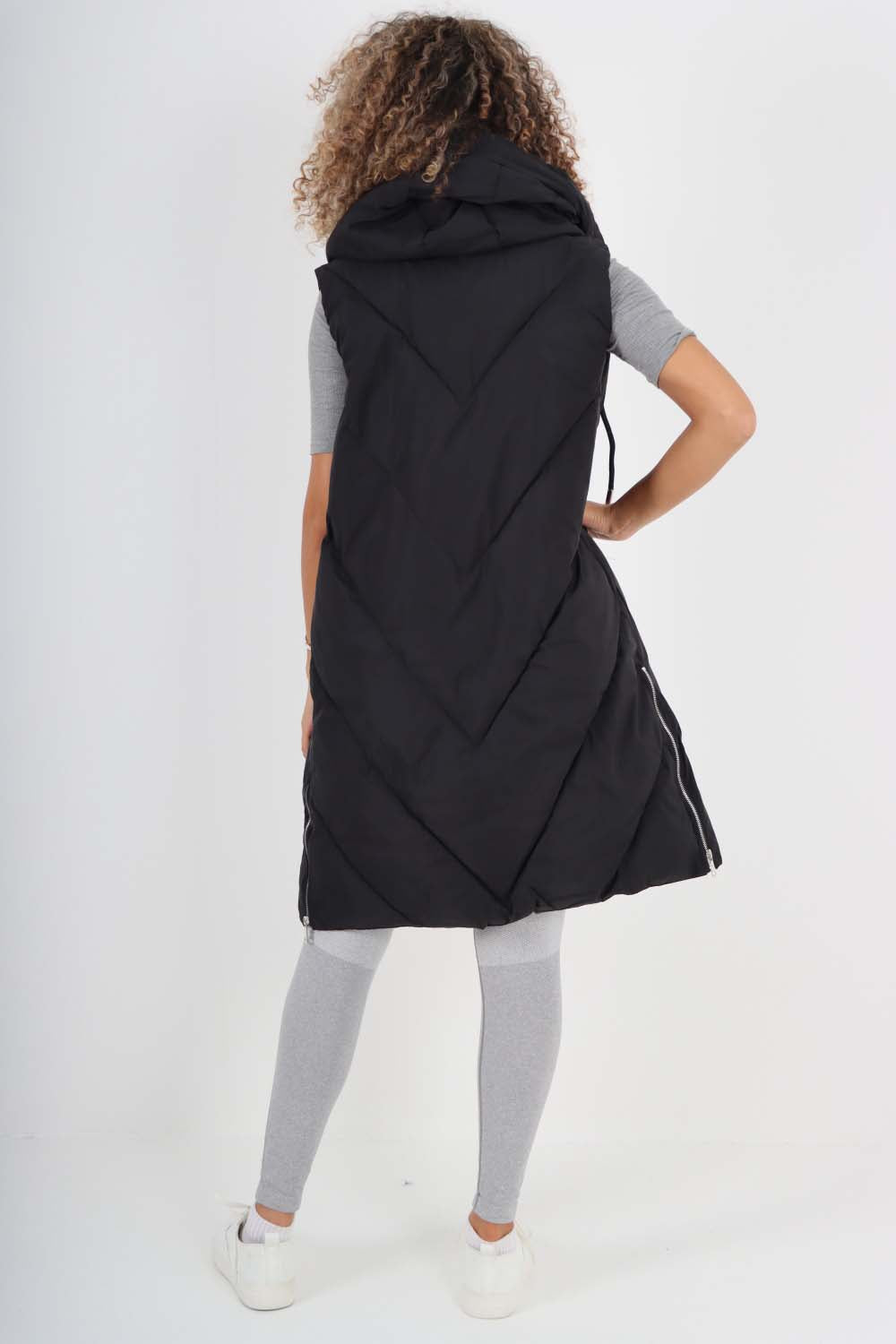 Italian Padded Pockets Hooded Zip up Long Gilet For Women  - Dropwear