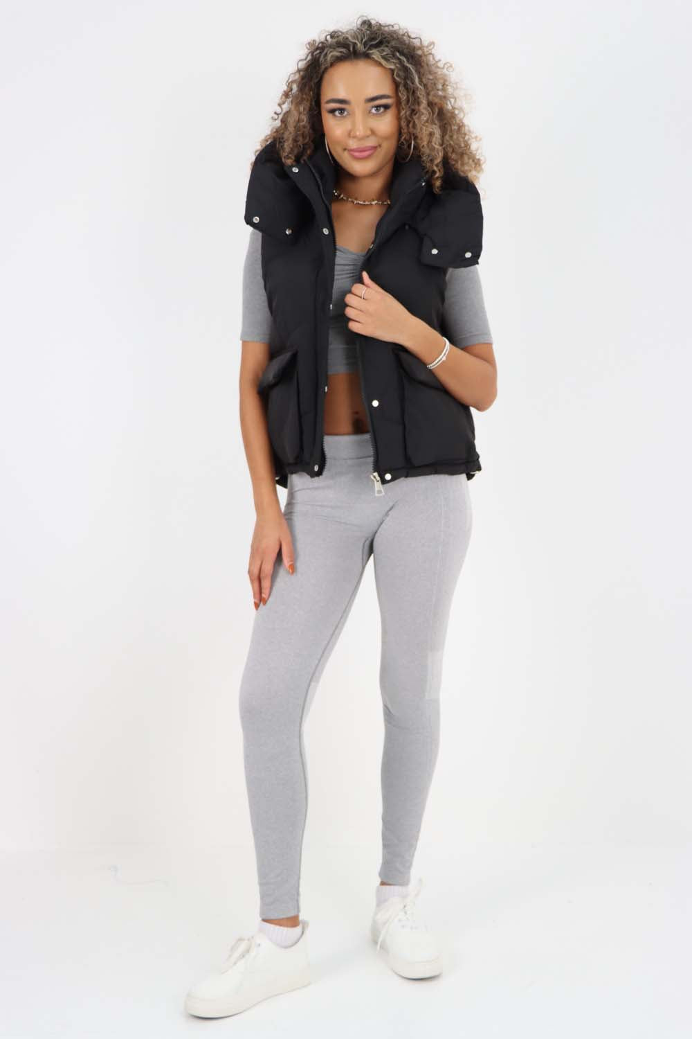 Beige Italian Padded Pockets Hooded Gilet For Women ONE SIZE(FITS UK 8-16) - Dropwear