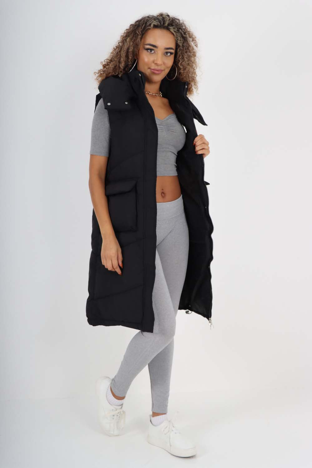 Italian Padded Pockets Hooded Long Gilet For Women  - Dropwear