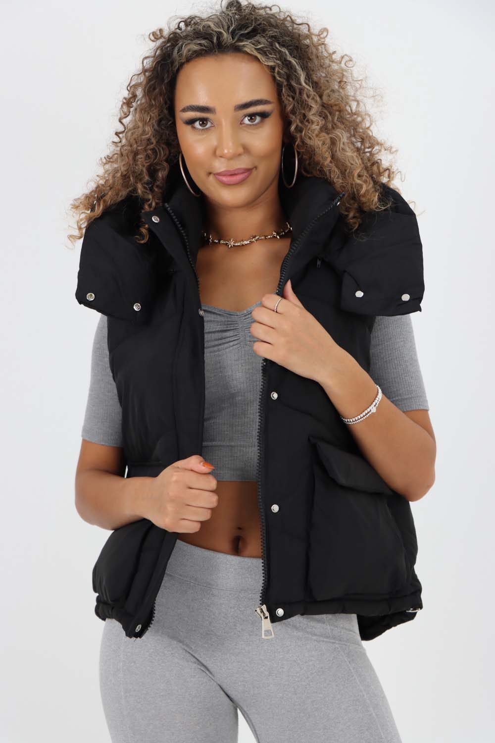 Italian Padded Pockets Hooded Gilet For Women  - Dropwear