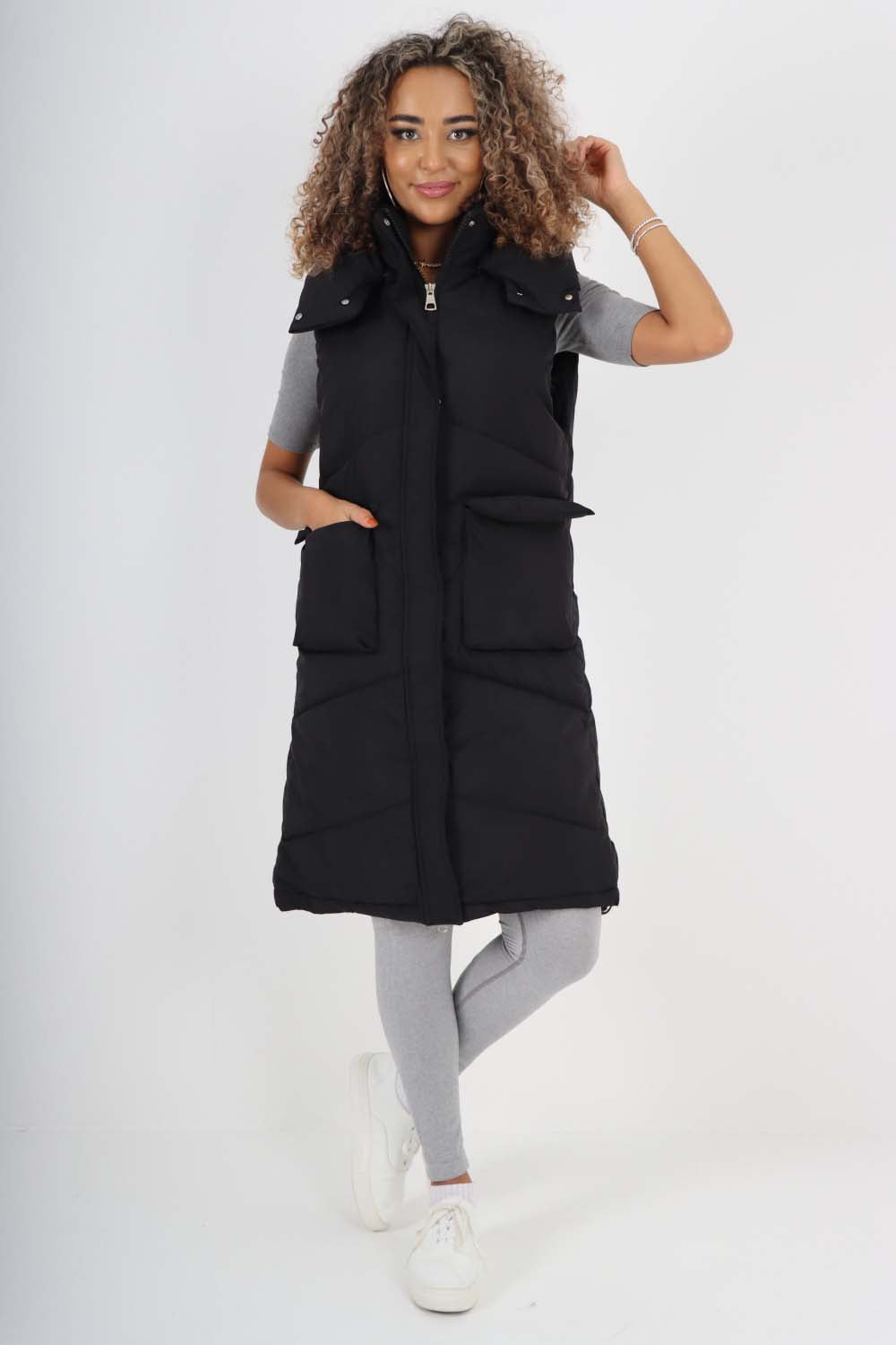 Italian Padded Pockets Hooded Long Gilet For Women  - Dropwear