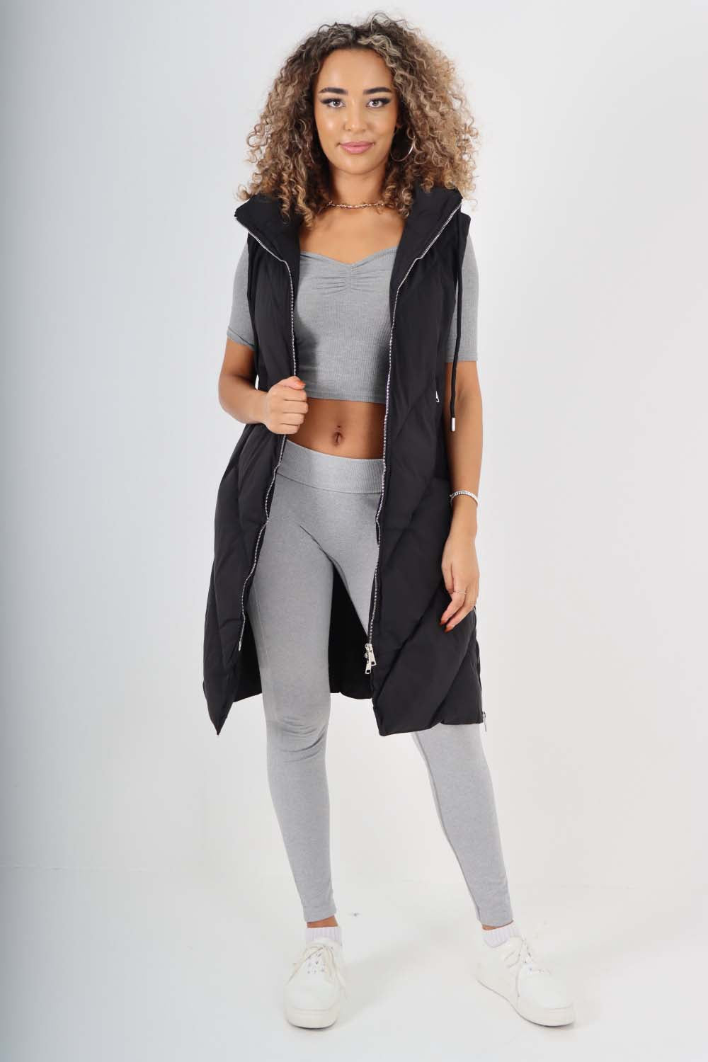 Italian Padded Pockets Hooded Zip up Long Gilet For Women  - Dropwear