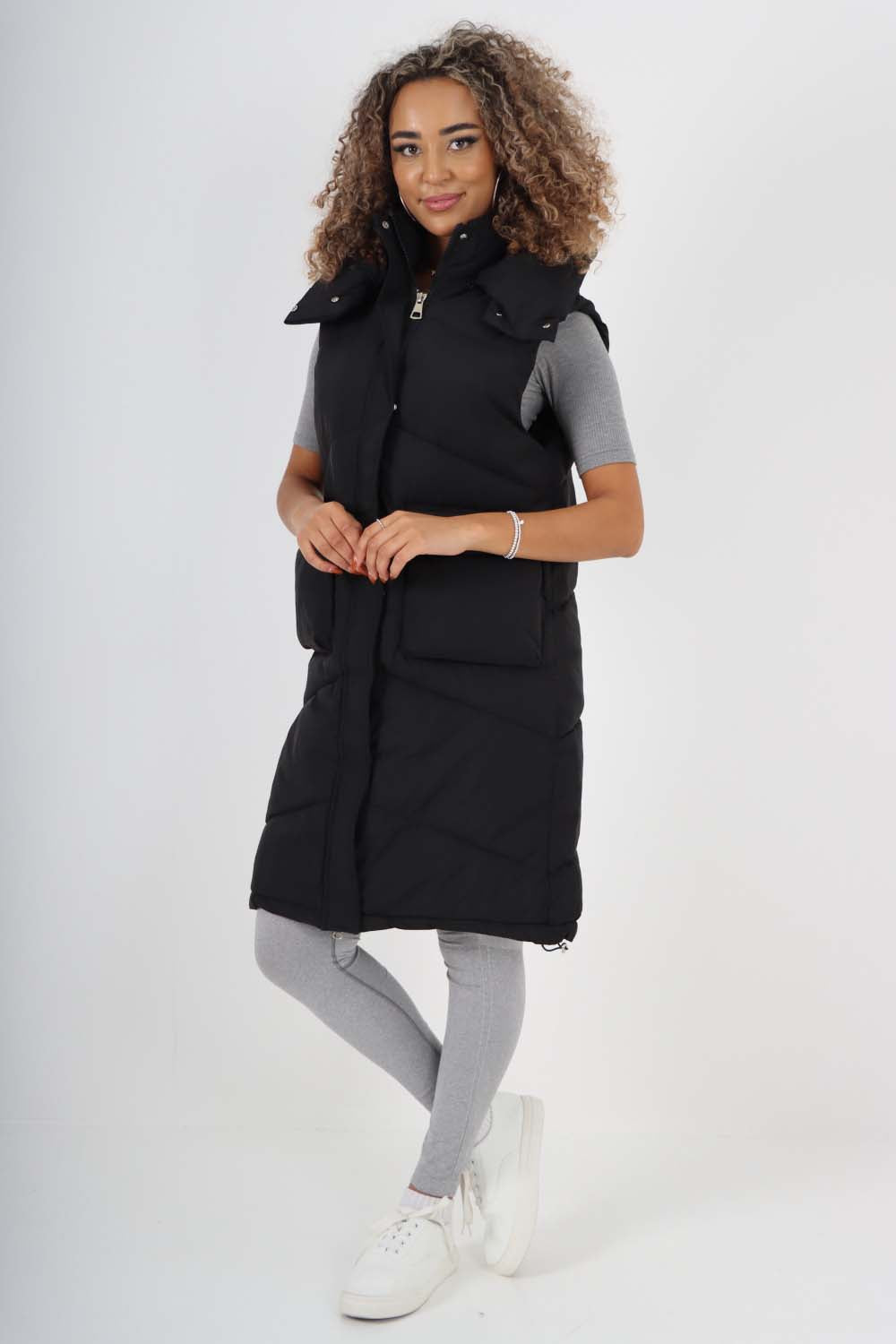 Italian Padded Pockets Hooded Long Gilet For Women  - Dropwear