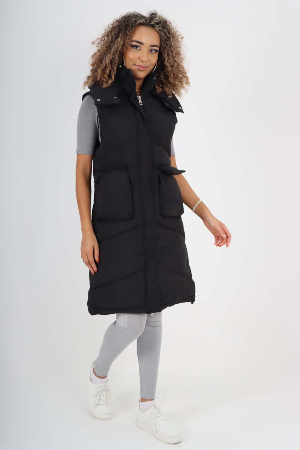 Italian Padded Pockets Hooded Long Gilet For Women  - Dropwear