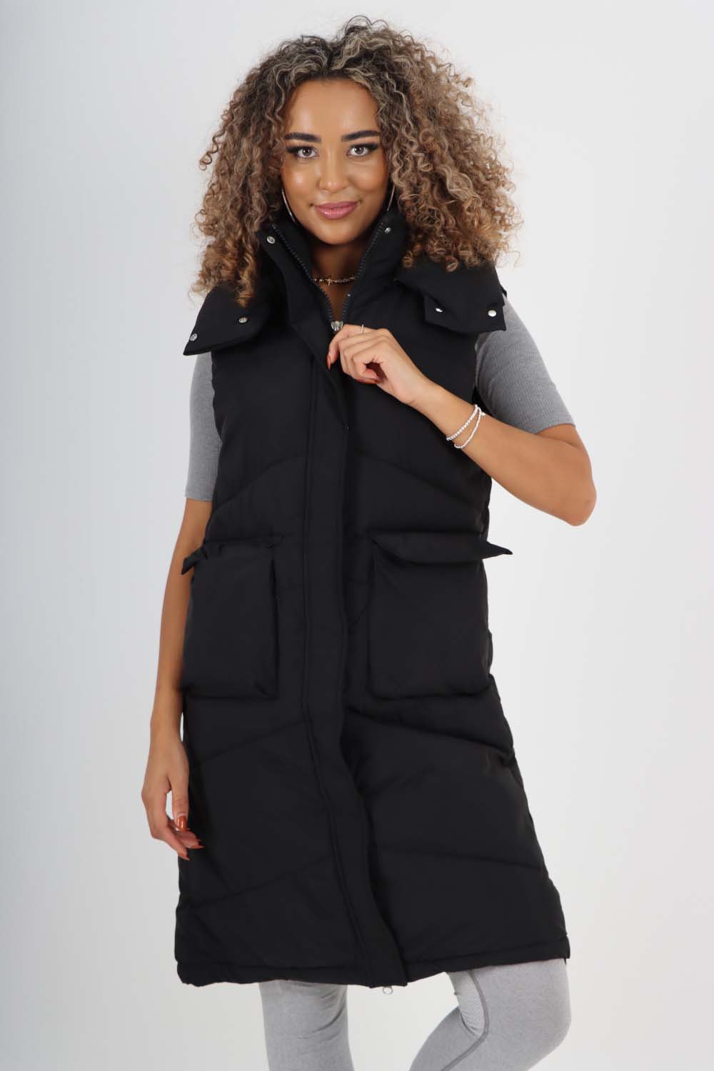 Italian Padded Pockets Hooded Long Gilet For Women  - Dropwear