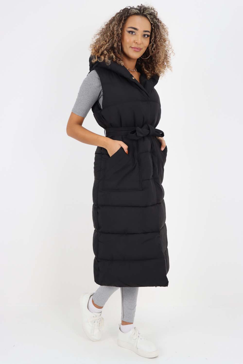Brown Italian Belted Hooded Long Gilet For Women ONE SIZE(FITS UK 10-18) - Dropwear