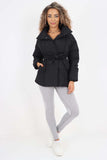 Black Italian Belted Hooded Jacket Coat For Women ONE SIZE(FITS UK 8-16) - Dropwear